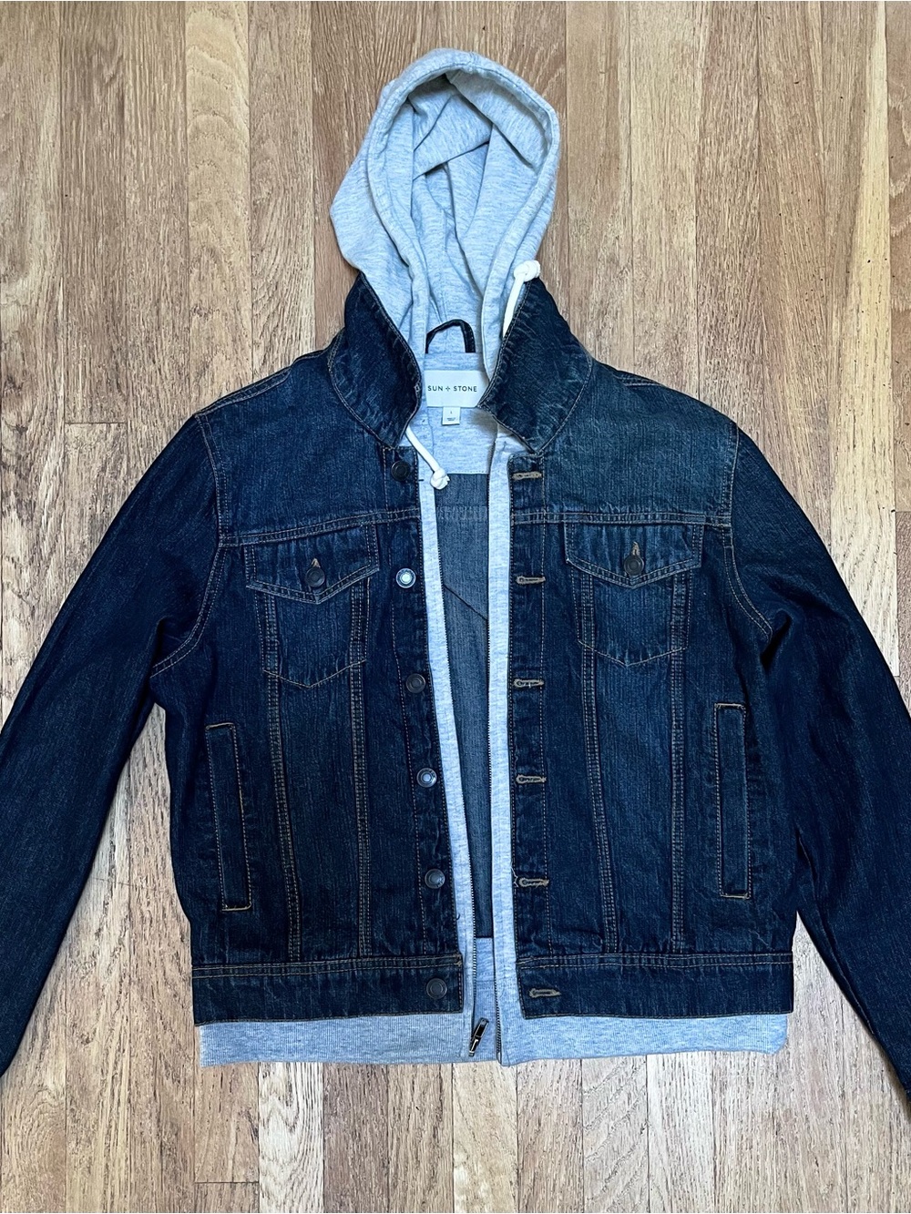 Sun + Stone Dark Blue Denim Jacket with Light Gray Hood Large